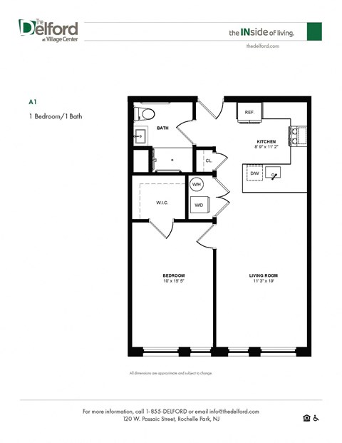 Floor plan for 1 bed, 1 bath, 713 sqft